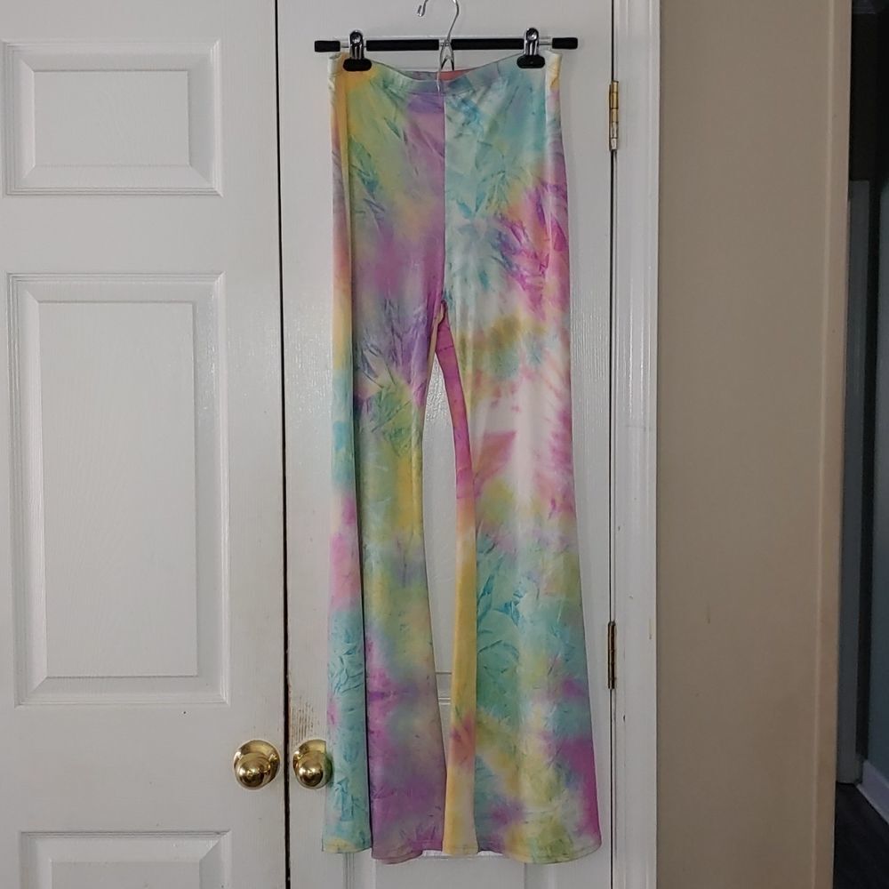 Carole Christian pastel tie dye flare leg boutique pants Sz L NWT hippiefest
